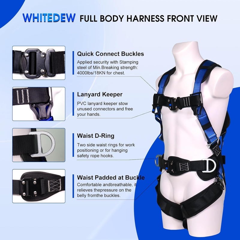 Whitedew Fall Protection Premium Safety Harness with Shock Absorbing Lanyard, Vented & Padded Shoulder, Legs & Back - Upgrade 4 Quick Buckles (Blue) - Image 2